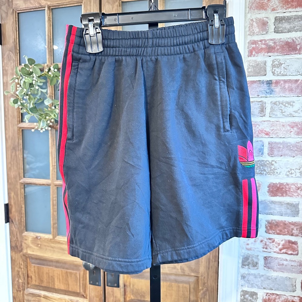 Adidas Sweat Shorts Mens Black Multicolor Trefoil 3-Stripes Fleece S